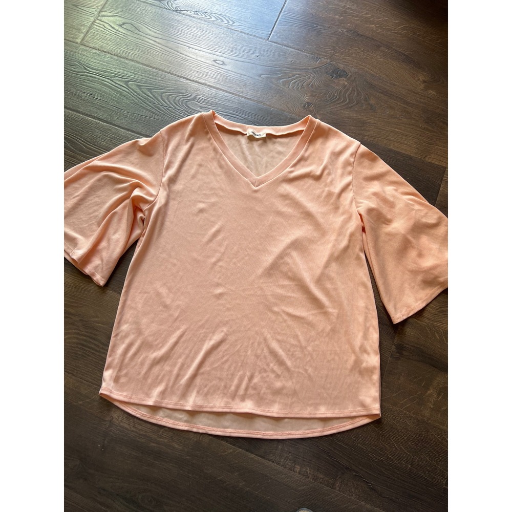 Adora Women's Peach Ribbed V Neck Bell Sleeve Casual Blouse Top Large